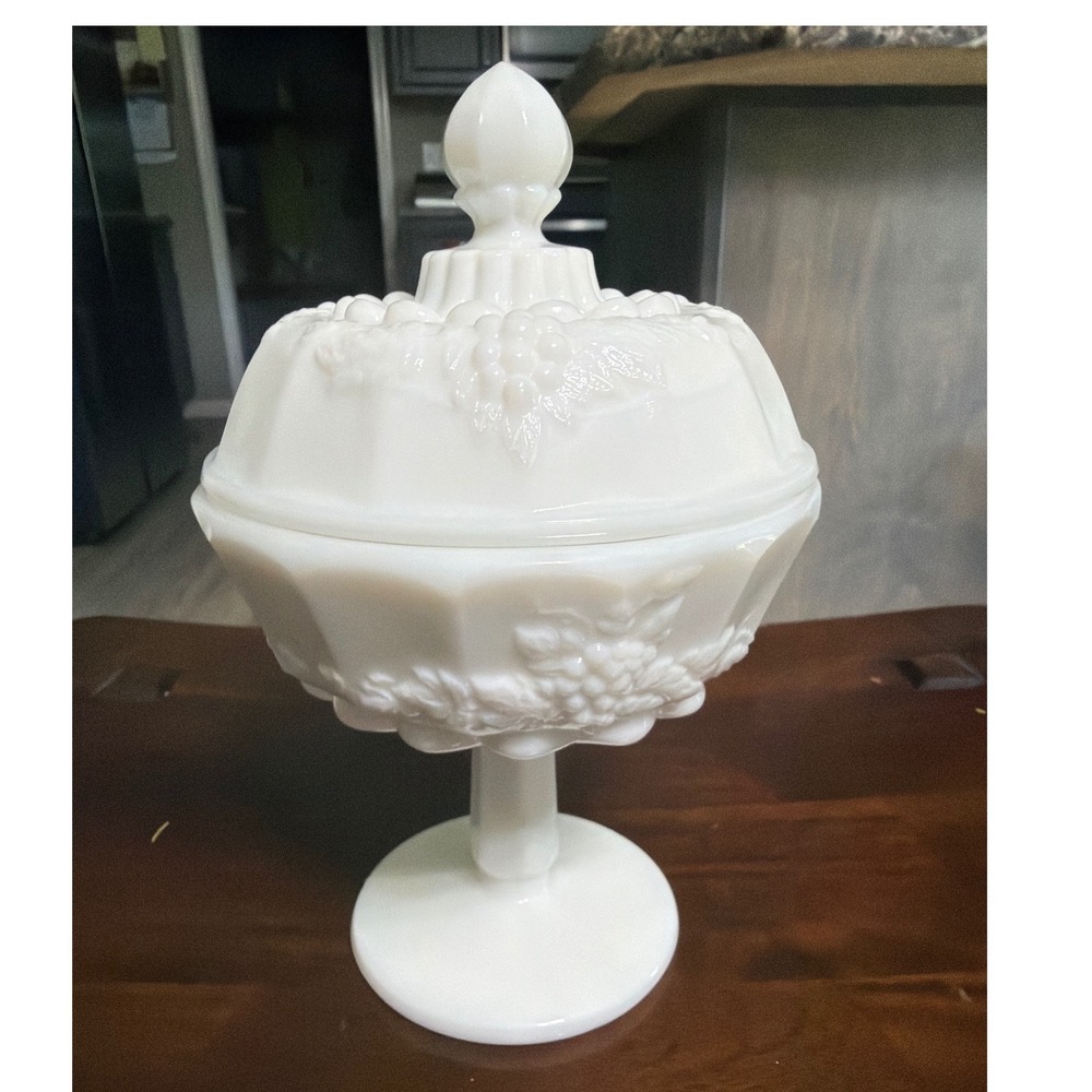 Westmoreland Milk Glass Paneled Grape Pedestal Candy Dish with Lid Vintage White